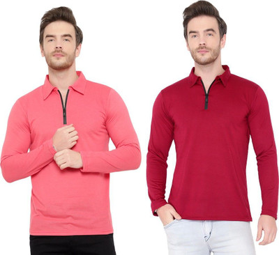 JB Jangoboy Solid Men Polo Neck Maroon, Pink T-Shirt