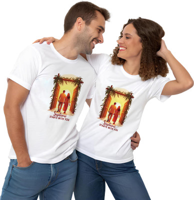 Binayak Graphic Print Couple Round Neck White T-Shirt