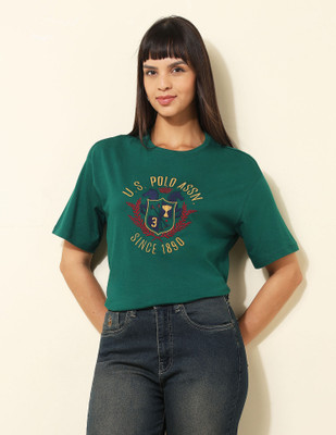 U.S. POLO ASSN. Printed Women Crew Neck Green T-Shirt