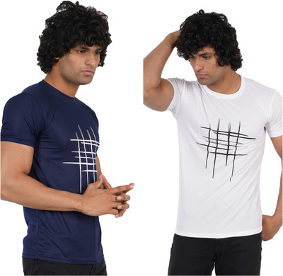Oishee Striped Men Round Neck Dark Blue, White T-Shirt