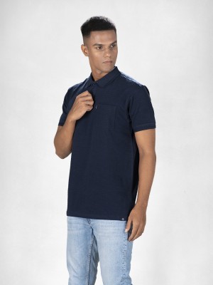 INEGO Solid Men Polo Neck Navy Blue T-Shirt