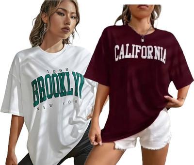 DIAZ Printed Women Round Neck White, Maroon T-Shirt