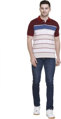 Otaya Plus Striped Men Polo Neck Maroon T-Shirt