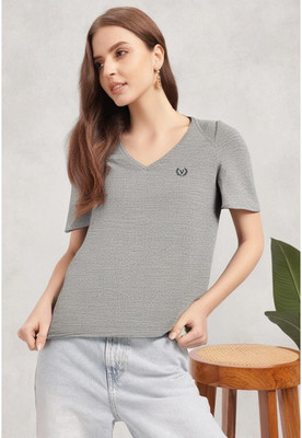 MACK JONNEY Solid Women V Neck Grey T-Shirt