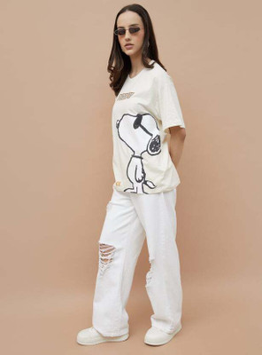 Ginger by Lifestyle Printed Women Round Neck White T-Shirt