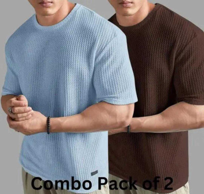 BOOM BAAM Self Design Men Round Neck Light Blue, Brown T-Shirt