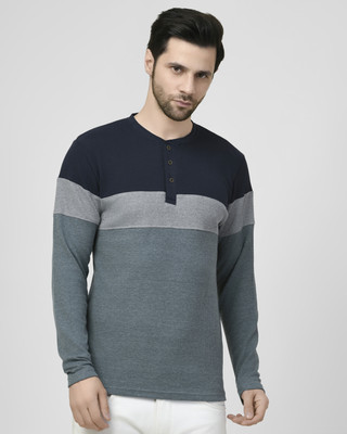 SMASH SMART WEAR Colorblock Men Mandarin Collar Light Blue T-Shirt