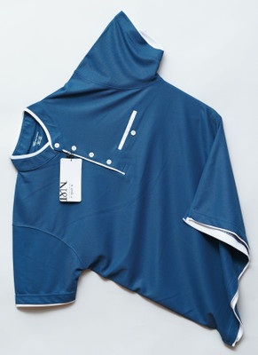 N AND J Solid Men Mandarin Collar Blue T-Shirt