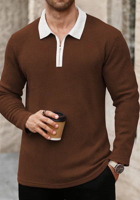 KAJARU Colorblock Men Zip Neck Brown T-Shirt