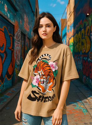 Hazuku Graphic Print Women Round Neck Beige T-Shirt