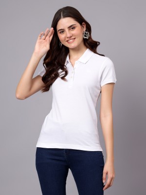 CANTABIL Solid Women Polo Neck White T-Shirt