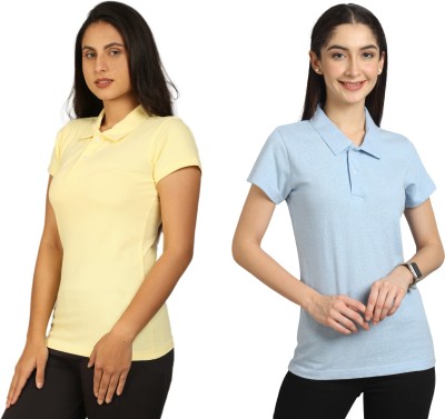 Besimple Solid Women Polo Neck Light Blue, Yellow T-Shirt