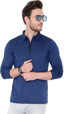 Adorbs Solid Men Polo Neck Dark Blue T-Shirt