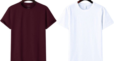 P collection Solid Men Round Neck Maroon, White T-Shirt