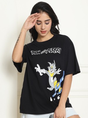 TOM AND JERRY by DreamBe Printed, Typography Women Round Neck Black T-Shirt