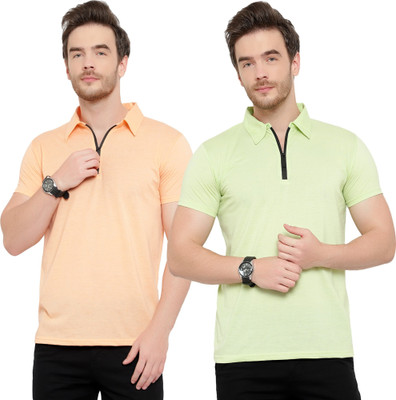 Moordale Fab Solid Men Polo Neck Green, Orange T-Shirt