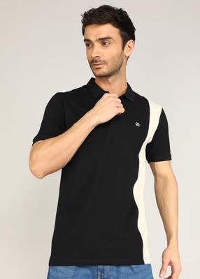WROGN Striped Men Polo Neck Black T-Shirt