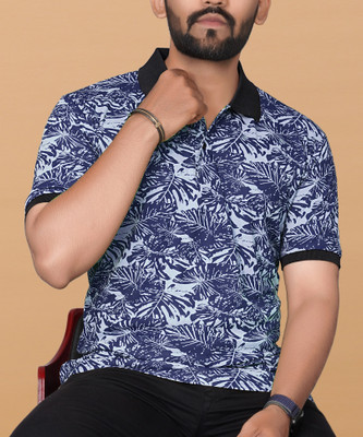 KAJARU Printed Men Polo Neck Dark Blue T-Shirt