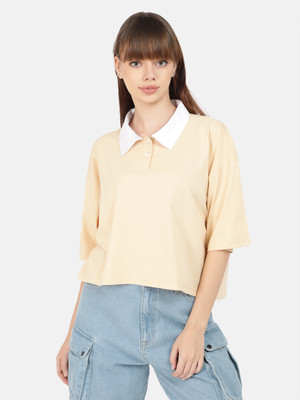 Bene Kleed Solid Women Polo Neck Beige T-Shirt