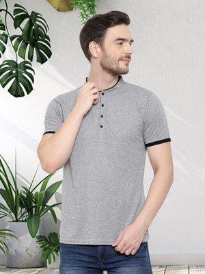 GLITO Solid Men Mandarin Collar Grey T-Shirt