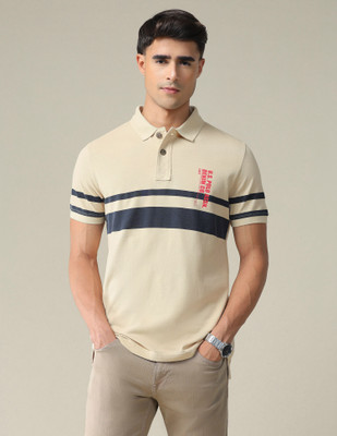 U.S. POLO ASSN. Striped Men Polo Neck Beige T-Shirt