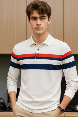FAOES Striped Men Polo Neck White T-Shirt