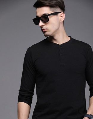 Veirdo Solid Men Henley Neck Black T-Shirt