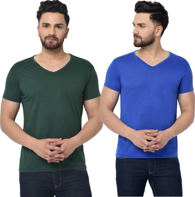 Adorbs Trend Solid Men V Neck Dark Green, Blue T-Shirt