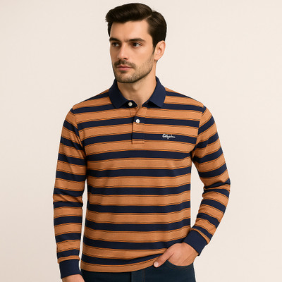 Chanda Mama Striped Men Polo Neck Dark Blue, Brown T-Shirt