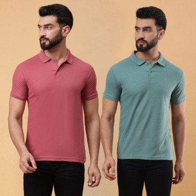 We Perfect Solid Men Polo Neck Light Green, Pink T-Shirt