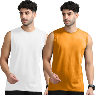 Adorbs Solid Men Round Neck White, Orange T-Shirt