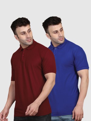 INKKR Solid Men Polo Neck Blue, Maroon T-Shirt