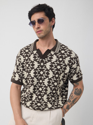 The Souled Store Geometric Print Men Polo Neck Brown, White T-Shirt