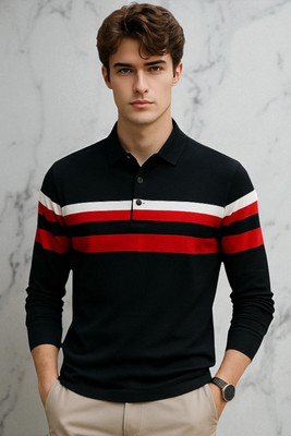 FASHIUM Striped Men Polo Neck Black T-Shirt