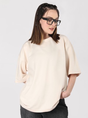 CHKOKKO Solid Women Round Neck Beige T-Shirt