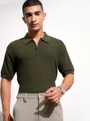 HIGHLANDER Self Design Men Polo Neck Green T-Shirt