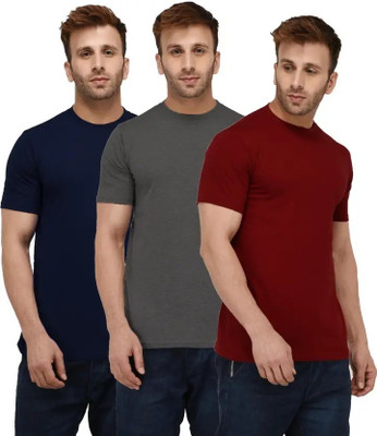 Brainbees Solid Men Round Neck Maroon, Grey, Dark Blue T-Shirt