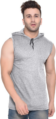 GEUM Solid Men Hooded Neck Grey T-Shirt
