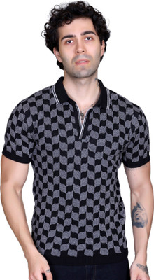 DZANT Checkered Men Polo Neck Black, Grey T-Shirt
