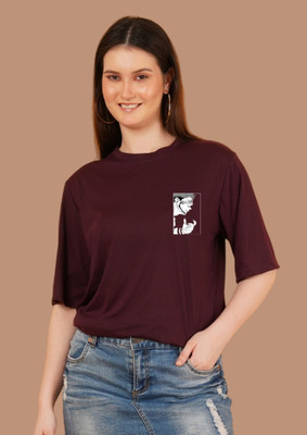 Parona Printed Women Round Neck Maroon T-Shirt