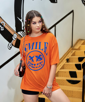 Christy World Printed Women Round Neck Orange T-Shirt