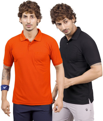 m2hit Solid Men Round Neck Orange, Black T-Shirt