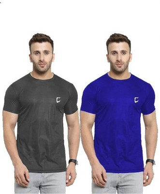 CRAVVEN Solid Men Round Neck Grey, Light Blue T-Shirt