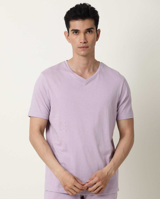 RARE RABBIT Solid Men V Neck Purple T-Shirt