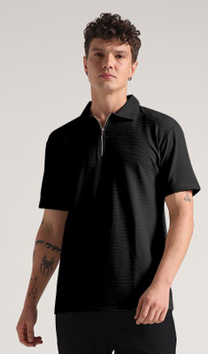 INDICLUB Self Design Men Polo Neck Black T-Shirt