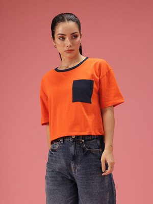 Dressberry Solid Women Round Neck Orange T-Shirt