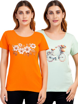 Romaisa Graphic Print Women Round Neck Reversible Orange, Light Green T-Shirt