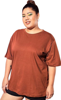 FUNDAY FASHION Solid Women Round Neck Brown T-Shirt