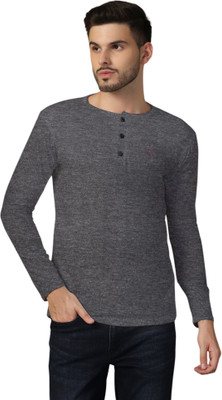 GEUM Solid Men Henley Neck Grey T-Shirt