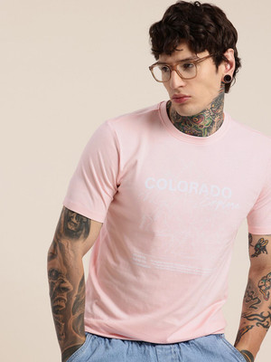 HERE&NOW Printed Men Round Neck Pink T-Shirt